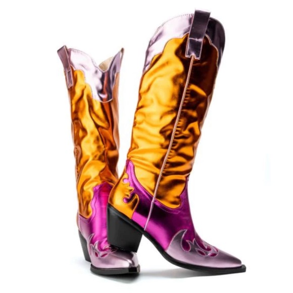 AZALEA WANG, Spice It Up, Multi colored Metallic, Chunky Cowboy Boots, NWT - Picture 13 of 13